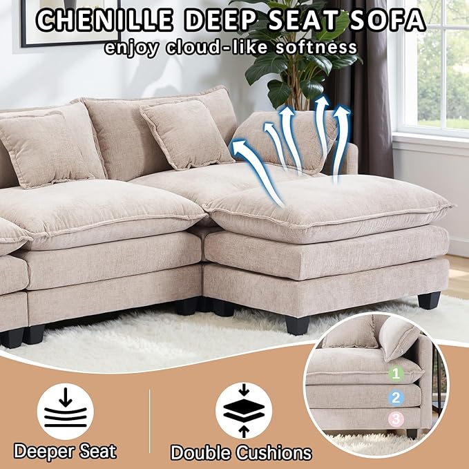 Gexpusm Modular Sectional Sofa108 L Shaped Couches for Living Room3 Seats Sofas with Movable OttomanCloud Sectional Couch with Deep SeatOversized Sleeper Sofa Boneless for Bedroom (Khaki)