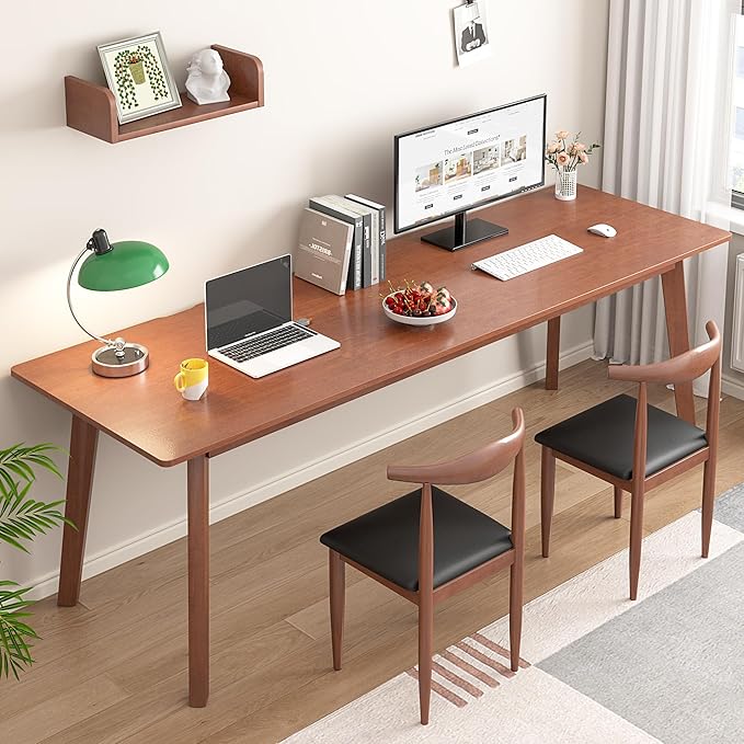 Solid Wood Desk with Large Desktop - 70.9 Mid Century Modern Executive Desks Farmhouse Home Office Computer Desks for Two People Writing Study Table | 2 Person Desk for Any Room-Walnut