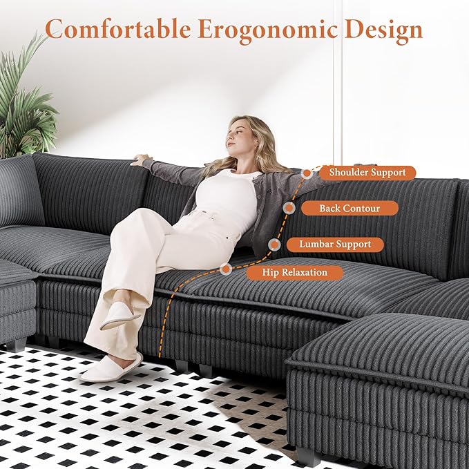 Vesgantti 109 U Shaped Cloud Sectional Sofa Comfy Corduroy Upholstered Sectional Modular Sofas for Living Room Modern Modular Couch with 2 Ottoman Deep Seat Charcoal Grey