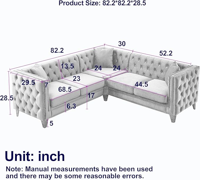 mikibama Velvet Modular Sectional SofaModern L-Shaped Sofa Couch with Nailhead Trim5 Seater Corner Sofas for Living RoomApartmentButton Tufted with Gold Metal Legs (Black L-Shape)