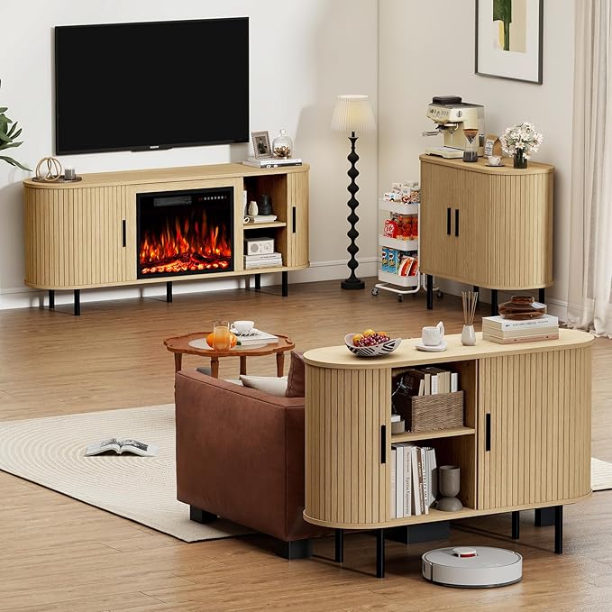 BREEZEHEAT 35 Mid Century Modern TV Stand-Fluted Sideboard Cabinet–Tambour Small Buffet Cabinet w/Sliding Doors &amp Adjustable Shelves–Small TV Cabinet for Living Room