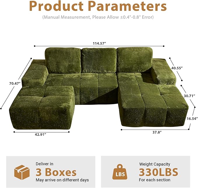 114 Modular Sectional Sofa with Ottoman Silver Luminous Boneless L-Shape Couch with Deep Seat Assembly Free Sectional Sofa for Living Room (Green Right Chaise)