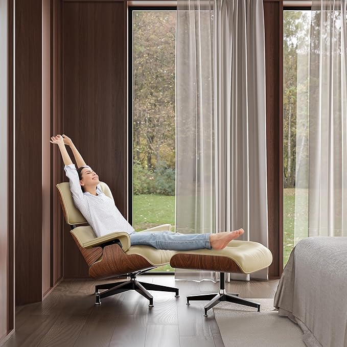 Top Cream White Grain Leather Mid Century Chaise Lounge Chair and Ottoman Modern Chair Classic Design Walnut Wood Heavy Duty Base Support for Living Room Office