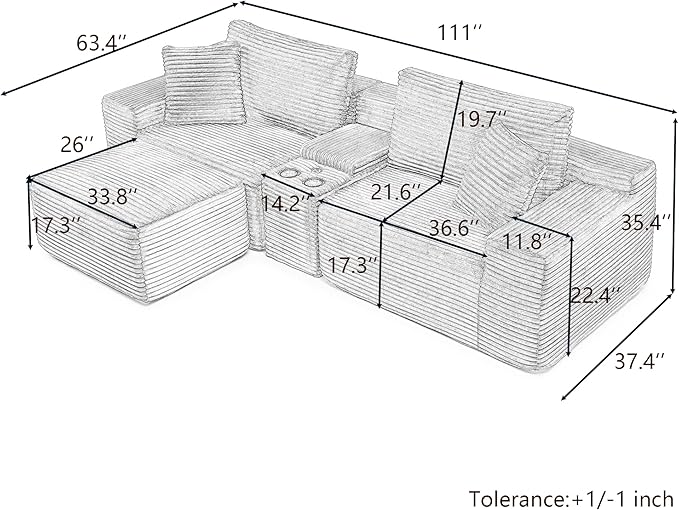 111 Inch Modular Sectional Sofa Couch Oversized Modern Cloud Couch for Living Room L Shape Couches with Ottomans USB Ports and Cup Holders Orange Corduroy Boneless Sofas Sofa in a Box