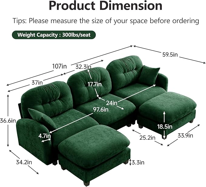 107 Modular Sectional Sofa Comfy U Shaped Cloud Couch with Ottoman Chenille Sofa Sleeper Deep Seat Sofas with Throw Pillows for Apartment-Green