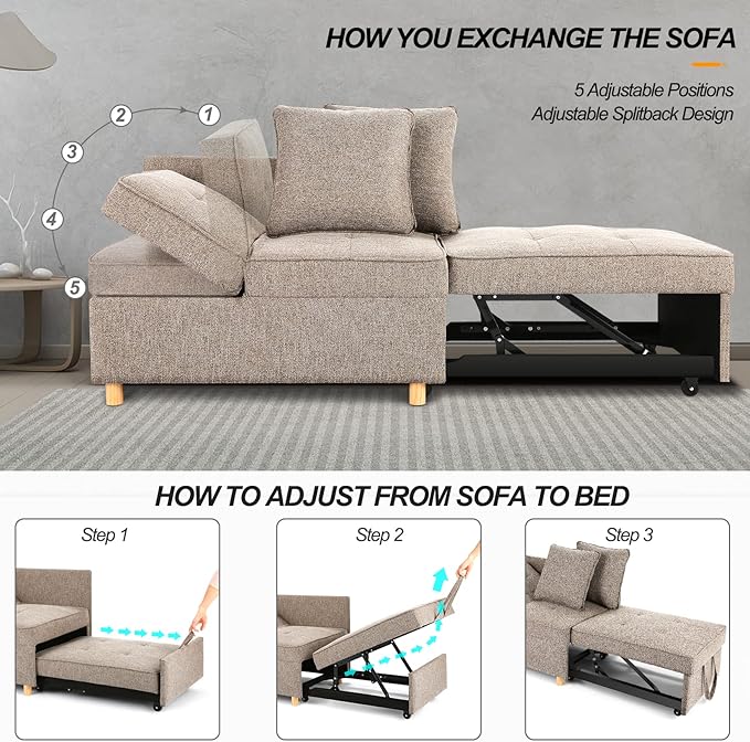 SEJOV Sofa Bed Chair 4-in-1 Convertible Chair Bed 3-Seat Linen Fabric loveseat Sofa with 2 Throw Pillow Single Recliner for Small Space with 5 Adjustable Backrest Brown Grey