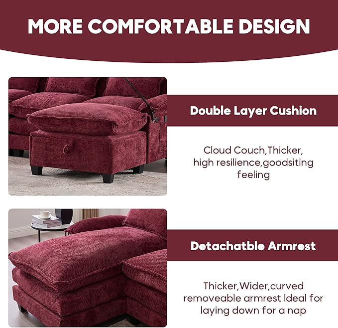 U Shaped Modern Sofa Modular Sectional Cloud Couch with Storage Ottoman Upholstery Chenille Deep Seat Sofa with Charging Port for Living Room Reversible Chaise Lounge Wine Red