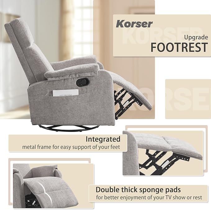 Recliner Chair Swivel Rocking Recliner Chair for Adults Glider Rocking Chair Small Nursery Chair Recliner for Living Room Reclining Chair with Modern-Designed Armrests Chenille Grey