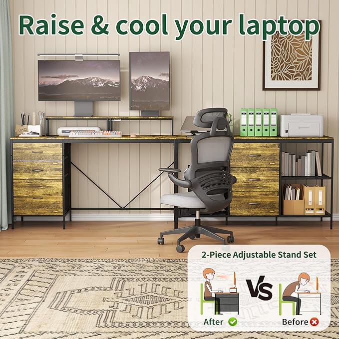 114 L-Shaped Desk with Power Hub 6 Drawers Removable Monitor Stand Industrial Gaming Desk Rustic Brown Home Office