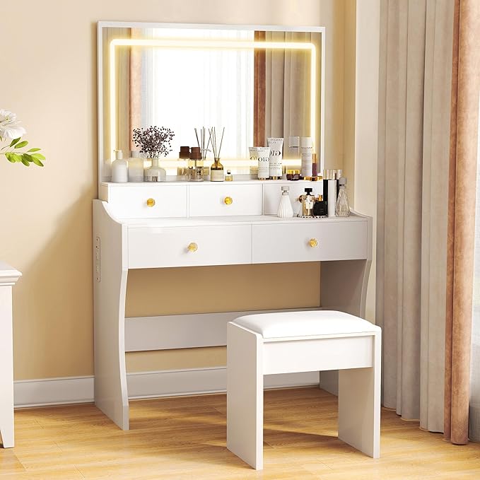 COMHOMA Makeup Vanity Desk with Mirror and Lights Vanity Table and Chair Set with 4 Drawers &amp Charging Station Bedroom Dressing Table Stepless Dimmable &amp 3 Color Modes Adjustable White