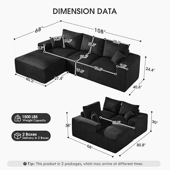108 Modular Cloud Sectional Sofa 17.8 Comfort Height &amp Neck Pillow Modern Corduroy Couch with L-Shape Oversized Chaise for Living Room Bedroom No Assembly Required (Black)