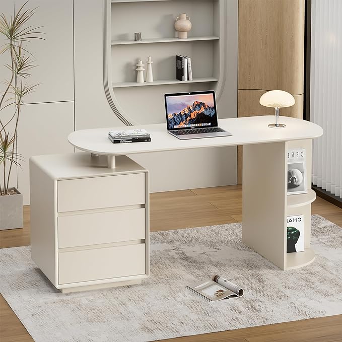 Qulomvs Desk with Drawers 55inch Home Office White Desk with Drawers and Storage Shelves Cream White Modern Simple Style Laptop Desk Work Study Writing Table Workstation for Home Office