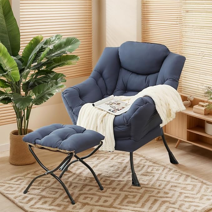 Lazy Chair with Ottoman Large Navy Accent Chair with Ottoman Comfy Reading Armchair Leisure Sofa Chair for Living Room Bedroom Dorm Room Office