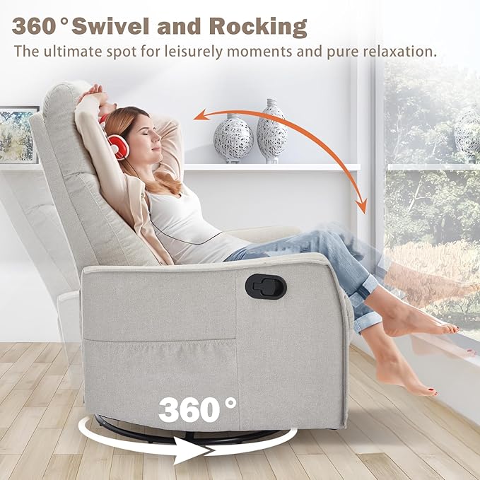 cinkehome Swivel Rocker Recliner Chair with Heated Massage Rocking Reclining Chairs for Nursery Small Spaces High Back Side Pocket