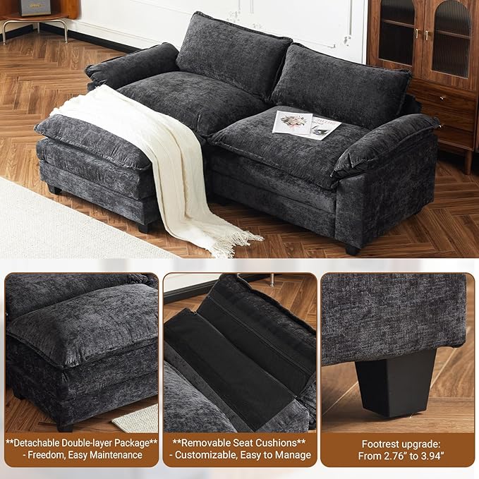 VINGLI 87 Convertible Sectional SofaL-Shape Deep Seat Sofa Couch for Living RoomModern Chenille 2 Seat Loveseat Sofa with Ottoman for Small Space(Black 87)