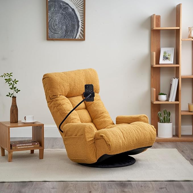 KEIKI Swivel Armchair with Phone Holder Adjustable Backrest &amp Waist Support Upholstered Accent Sofa Chair Comfortable Single Sofa Chair for Living Room Yellow