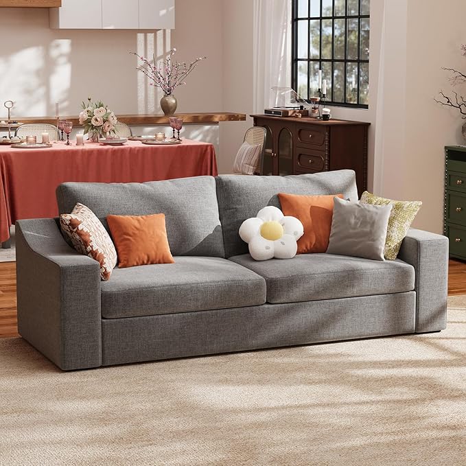 ABCASA 85 Oversized 3-Seater Couches for Living RoomModern Linen Sofa with Removable Cover Wide Armrest Solid Wood Frame Loveseat Sofa for Bedroom Office Apartment Easy to Assemble Grey | Breat
