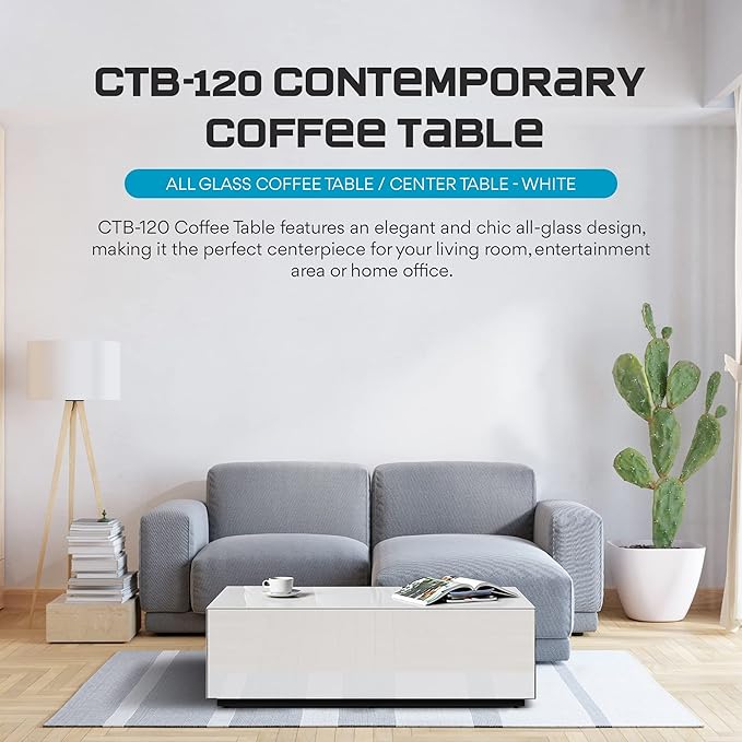 SONOROUS Premium Tempered Glass Coffee Table - Modern White Rectangular Coffee Tables for Living Room - High Gloss Fingerprint Resistant Mid Century Design - Stylish Living Room Furniture &amp Décor