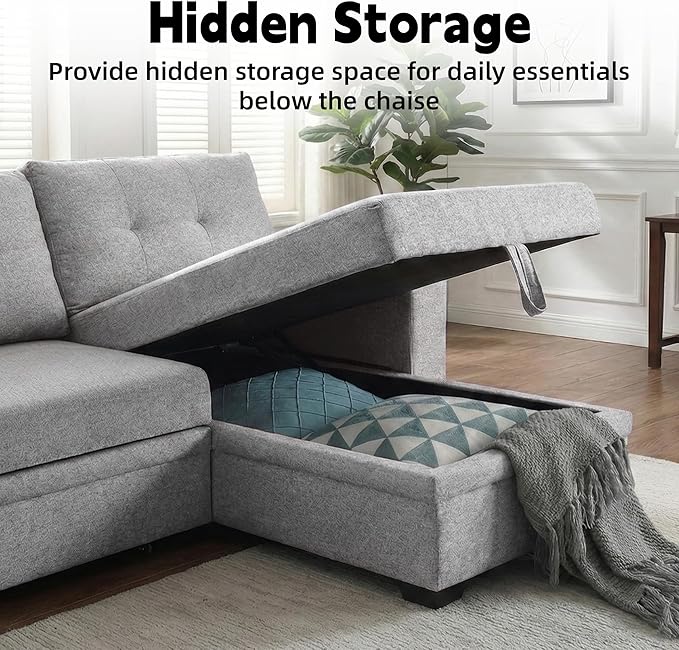 Convertible Sleeper Sofa Bed with Pull Out Couch L Shaped Couch with Chaise Storage USB Charge &amp Side Pocket Small Sectional Couches for Living Room Apartment | Linen Fabric | 82 | Light Grey