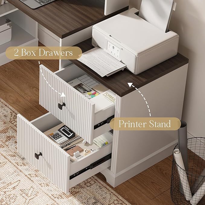 67 L Shaped Executive Desk with Drawers &amp Storage Shelf Corner Computer Desk with Power Outlets Home Office Desk with Monitor Stand Printer Shelf Computer Writing Desk for Work Antique White