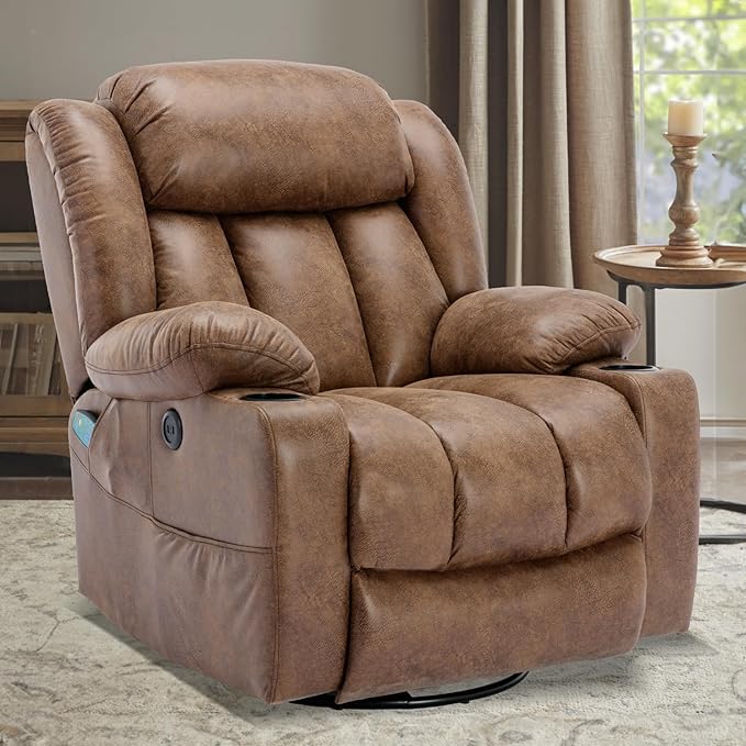 360° Swivel Rocker Recliner Chair with Heat and Massage Manual Glider Rocking Reclining Chair Swivel Overstuffed Lounge Reclining Chair with 2 Cup Holders Side Pockets &amp USB Ports Brown
