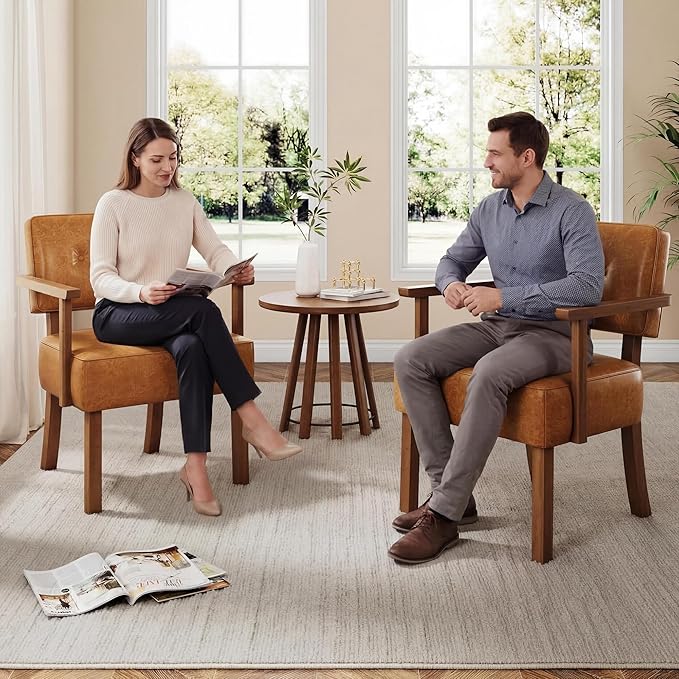 Garvee Mid-Century Accent Chair Set of 2 with Wood Frame PU Leather Upholstered Lounge Arm Chair with Classic Button Tufting Reading Leisure Chair for Living Room Bedroom Balcony Brown