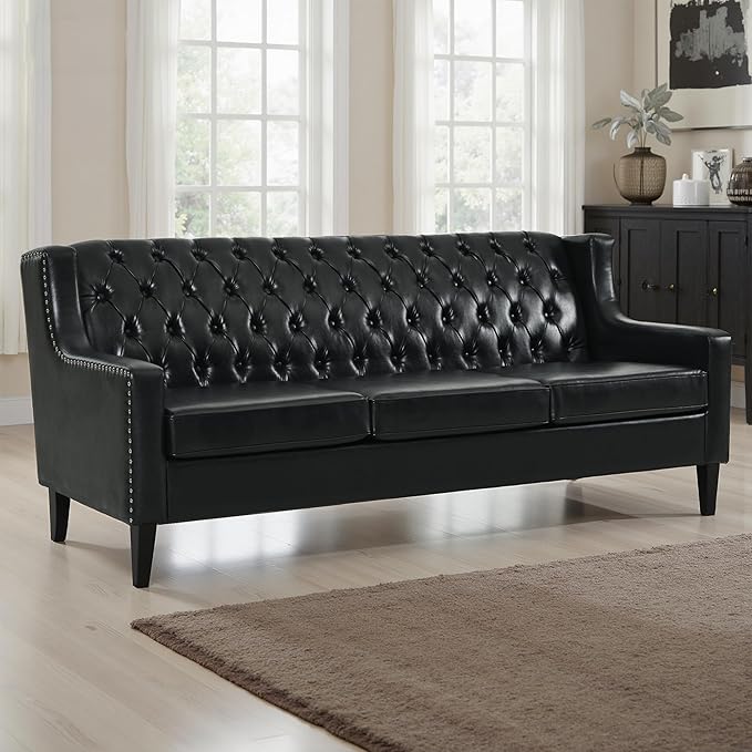 GDFStudio 78.75 3-Seater Sofa Button Tufted Backrest Big Comfy Couch with Plush Cushions Mid Century Modern Couches Home Living Room Sofa Upholstered Sofas &amp Couches for Apartment Bedroom Bla