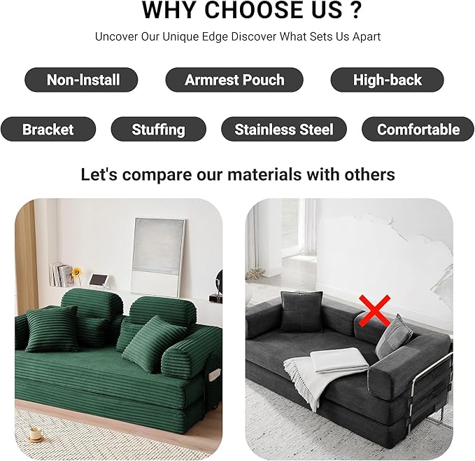 79 Boneless Couch with High Backrest Headrest Comfy Modular Foldable Floor Sleeper Sofa 5-in-1 Convertible Sofa Bed for Living Room Bedroom Lounge Studio Green