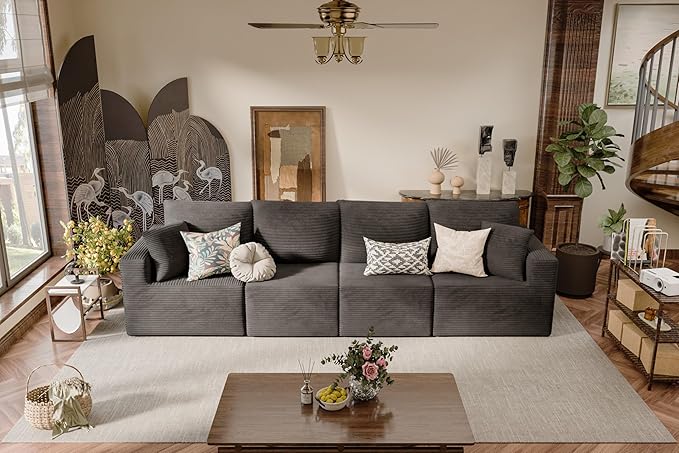 JUMMICO Boneless Couch with Deep Seat and Ottoman Modular Sectional Sofa with Body Support Corduroy Couches for Living Room Apartments Bedroom No Assembly Required (Black Four Seater)