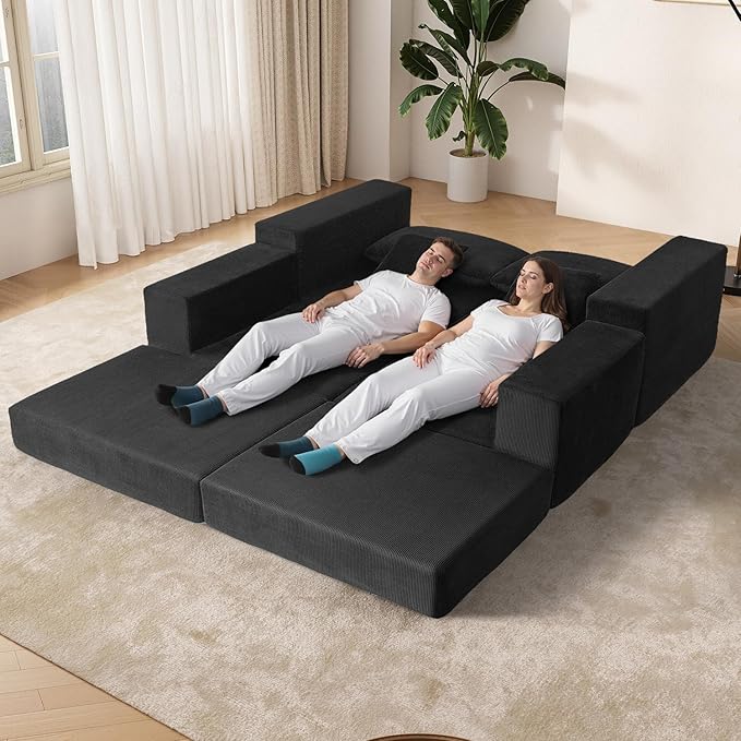 79.5 Sectional Boneless Modular L-shaped Couches for Living Room Small Spaces Convertible Oversized Sleeper Sofa Bed-Luxury 1.5 Full Bed. Corduroy Futon Floor Couch with Non-Slip Base Black.