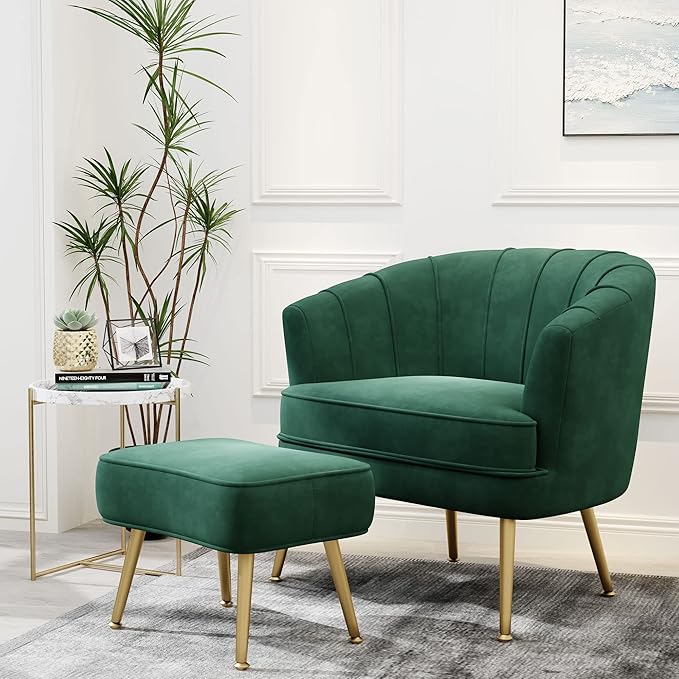 Andeworld Velvet Accent Chair with Ottoman Upholstered Modern Single Sofa Side ChairComfy Barrel Club Living Room Armchair with Golden Metal Legs for Bedroom Living Reading Room Office Green