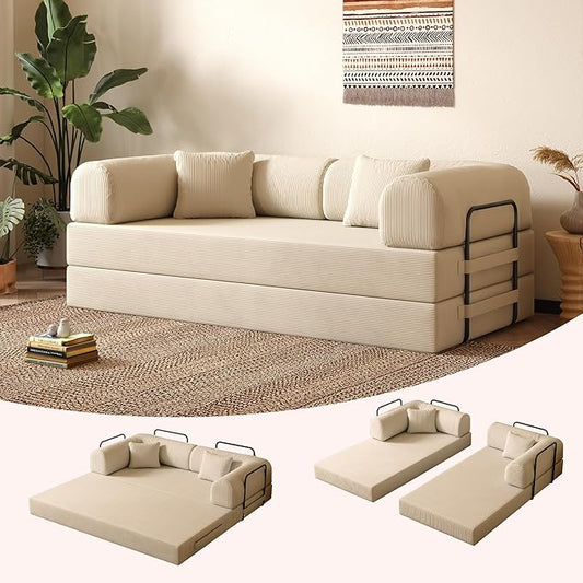 79'' Folding Sofa Bed 5-in-1 Convertible Sofa Bed BonelessComfy Foldable Foam Couch with Pillow Modular Floor Couch for Living RoomBedroomLounge - Corduroy Beige