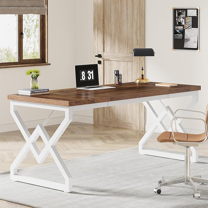 Tribesigns 63 Inch Executive Desk Large Office Desk with Metal Frame Ergonomic Writing Desk Computer Workstation Modern Wood Computer Desk for Home Office Easy Assembly (Brown+White)