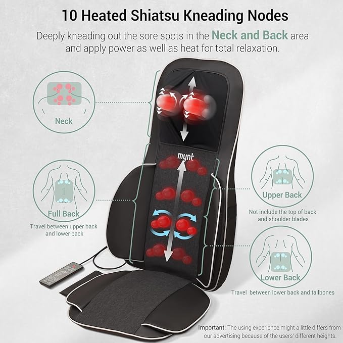 Mynt FSA Eligible HSA Approved Shiatsu Neck and Back Massager for Chair with 10 Deep Kneading Nodes 2D &amp 3D Back Massage with Heat Portable Spot Massage Chair Pad (Black)