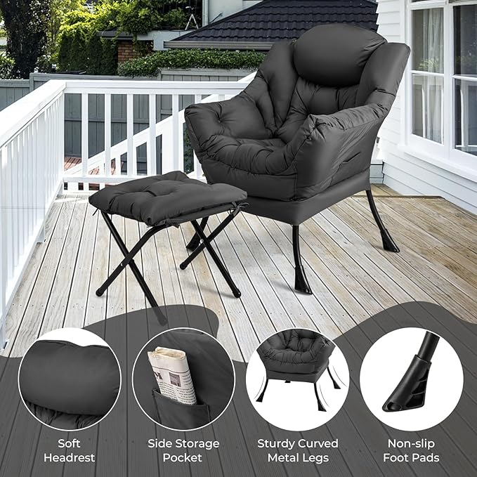 Single Lazy Sofa Chair w/Foldable Ottoman Modern Lounge Chair Indoor w/Armrest &amp Side Storage Pocket Upholstered Comfy Reading Chair for Bedroom Living Room Office