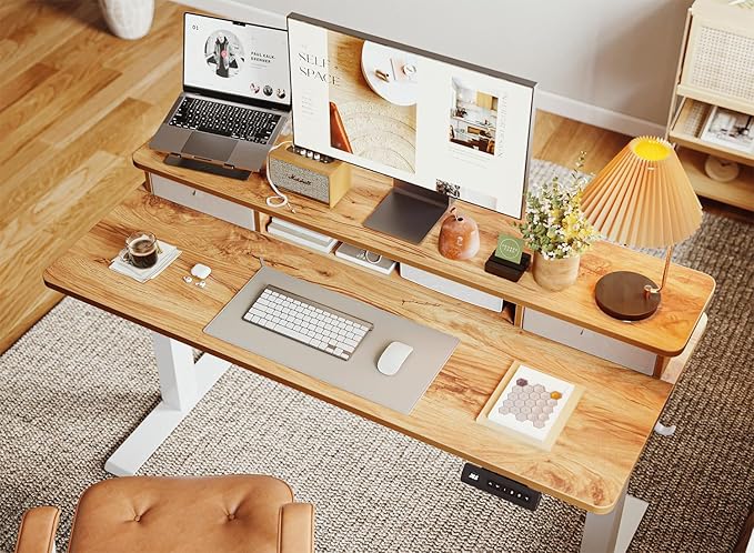 BANTI 55 x 24 Inch Electric Height Adjustable Standing Desk Ergonomic Home Office Desk with Double Drawers 4 Adjustable Feet &amp 2 Hooks Computer Workstation for Study/Office Light Rustic