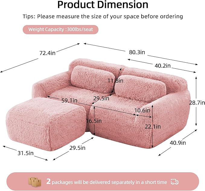 Boneless Couch Modular Sectional Sofa Comfy Cloud Couch No Assembly L Shaped Couches 80.4 Modern Sectional Couches for Living Room Deep Seat Loveseat Sofa Floor Sofas Anti-SlipPink
