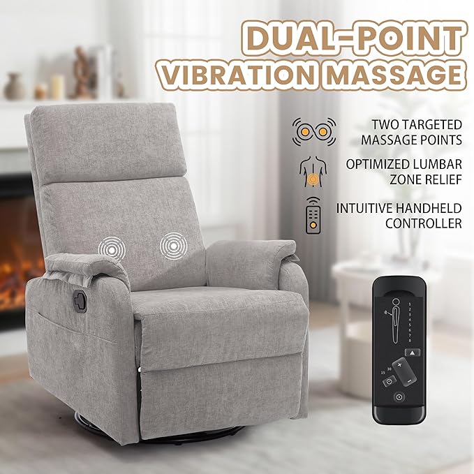 Swivel Rocking Recliner with Massage Small Glider Chair for Nursery Modern-Designed Armrests Chair for Adults Living Room Chenille Grey
