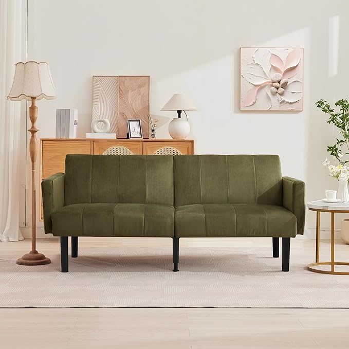 Garvee 75.5 Convertible Sofa Bed Vertical-Stripe Linen-Feel Fabric Sofa Features Sturdy Bed Legs Mid-Century Modern Folding Sofa Suitable for Living Rooms Bedrooms Dorms - Green