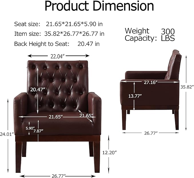 Generic PU Leather Accent Chair Upholstered Lounge Sofa Armchair Comfortable Armchair with Wooden Legs in Log Color Modern Button Reading Chair for Bedroom Living Room Dark Brown