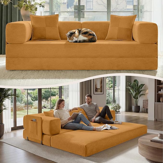 Belhome 78.8 Convertible Sofa Bed Futon Sofa Bed with Side Pocket Corduroy Pull Out Futon Sofa Boneless Couch for Living RoomsNo Assembly Required Yellow