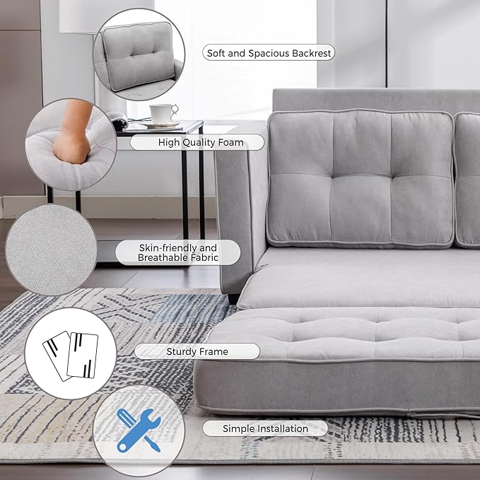 ERYE 3 Fold Tufted Upholstered Futon Sofa Bed Modern Convertible Foldable Floor Loveseat Sofabed with Pull Out Sleeper Couch Daybed W/Side Pockets for Living Room