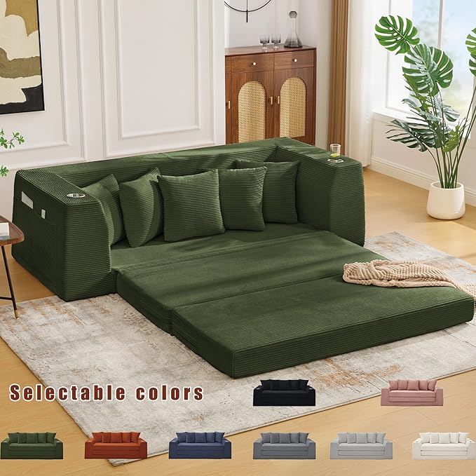 KEIKI 82 Corduroy Modular Sectional Sofa Bed with 5 Pillows &amp 2 Side Pocket &amp 2 Cup Holders Convertible 3-Seater Sleeper Couch with Memory Foam Cushion No Assembly Required for Living Room