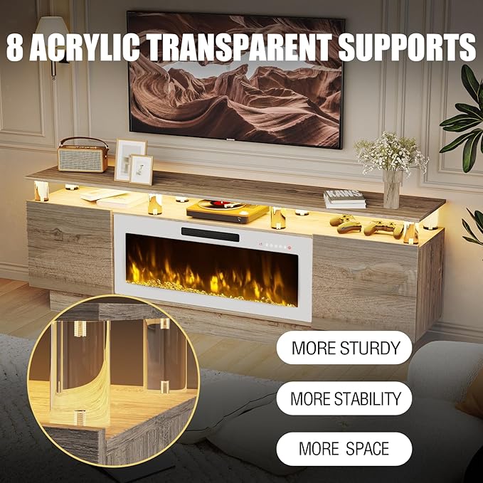 70 Modern Fireplace TV Stand with 36 Electric Fireplace for TVs Up to 80 inch Luxury LED Light Entertainment Center with High Gloss Cabinet (Grey with White Fireplace 70 (8 Acrylic Posts))