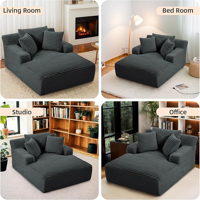 Oversized Chaise Lounge Chair Indoor Corduroy Sofa Bed with Throw Pillows Recliner Chair Comfy Large Deep Seat Sofa Couch for Living Room Bedroom Apartment (Dark Grey)