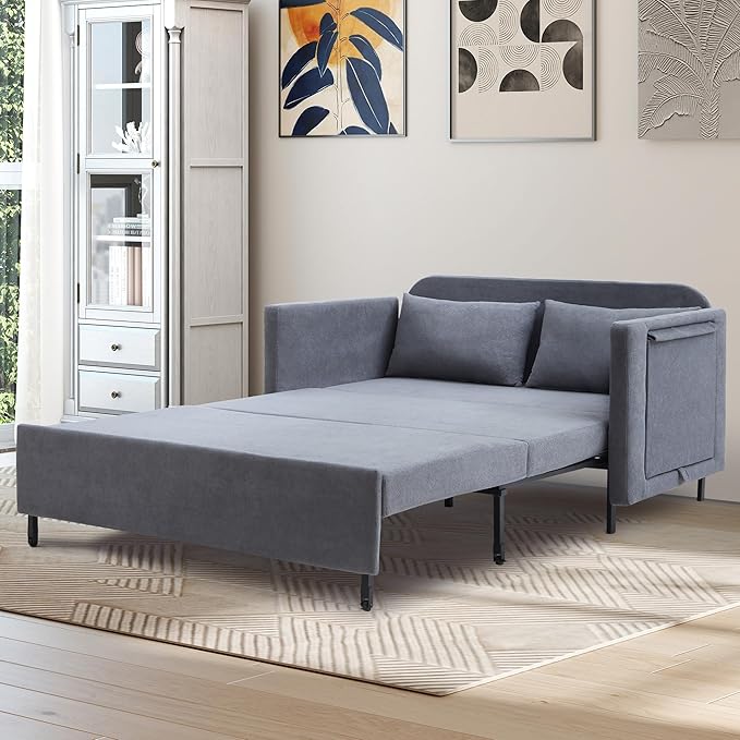 3-in-1 Sleeper Sofa Bed 51'' Convertible Folding Couch with Pullout Bed Chenille Futon Sleeper Sofa with Side Table and 2 Pillows Modern Loveseat Couch for Living Room Bedroom Home Office (Grey)