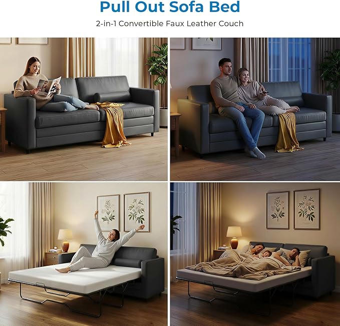 Mjkone Faux Leather Pull Out Sofa Bed 73 2-in-1 Loveseat Couch Bed with Memory Form Mattress Full Size Convertible Sleeper Sofa Couch for Living Room Office Apartment and Small Space Grey
