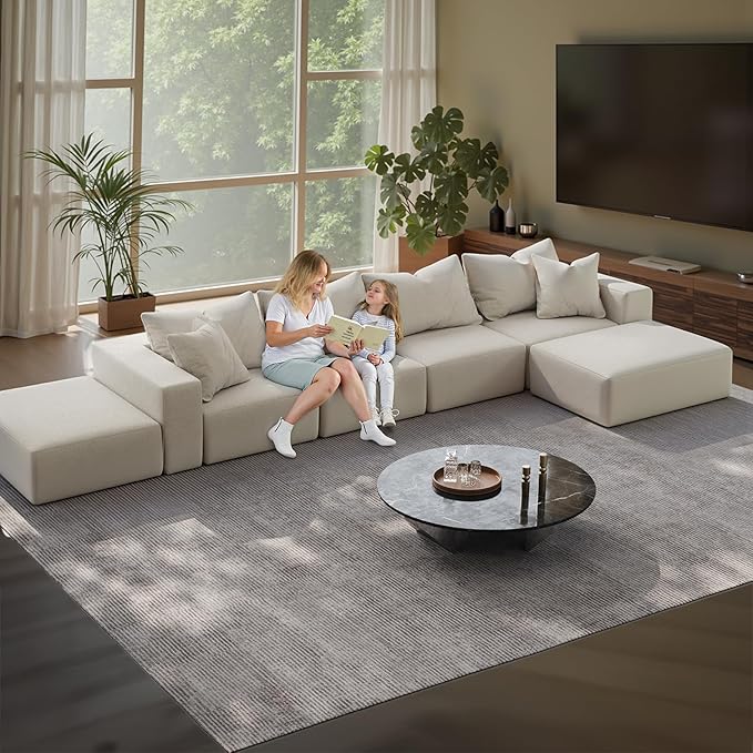 197” Modular L-Shaped Sectional Sofa Cloud Chenille Couch with 6 Pillows No-Assembly Customizable Sofa for Living Room &amp Bedroom Beige