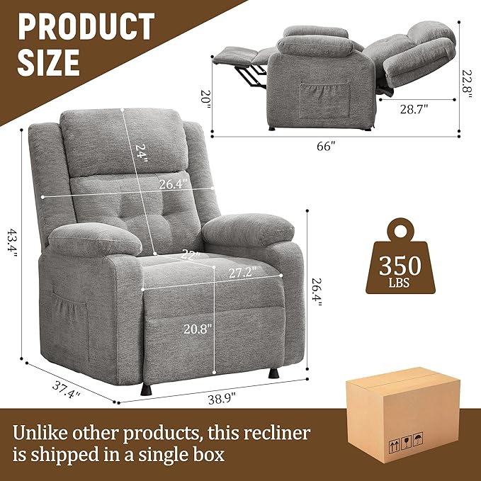 Power Recliner Chair Living Room Chairs for Adults Oversized Electric Recliner with Side Pockets Chenille Fabric Reclining Chair for Living Room Bedroom