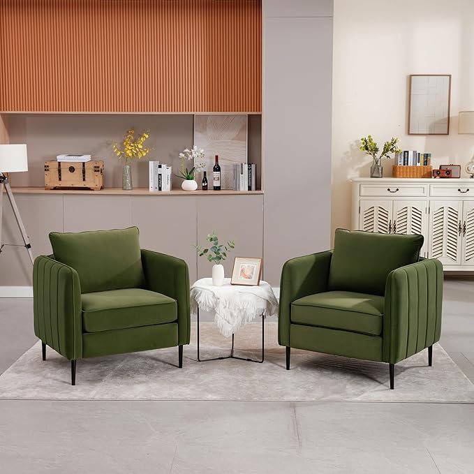 Accent Chair for Living Room ChairsVelvet Modern Upholstered Chairs Living RoomCozy ArmchairBarrel Chair (2 Olive Green)